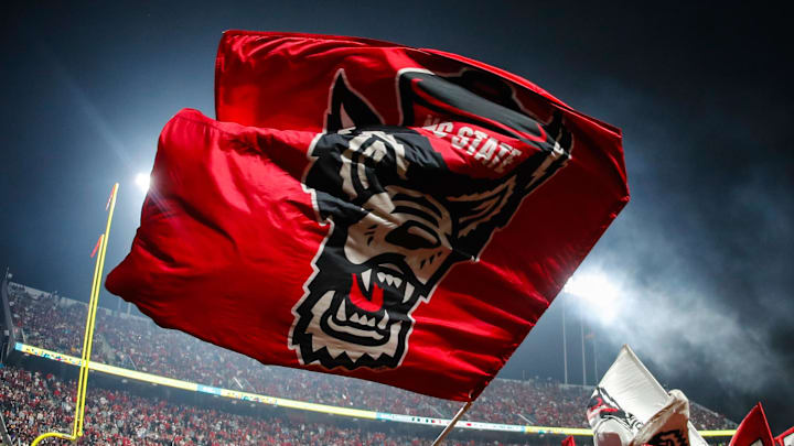 Nov 21, 2025; Raleigh, North Carolina, USA;  NC State Wolfpack cheerleader celebrates a touchdown during the second half of the game against Florida State Seminoles at Carter-Finley Stadium. Mandatory Credit: Jaylynn Nash-Imagn Images