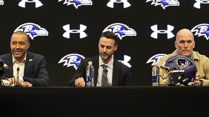 Jan 29, 2026; Owings Mills, MD, USA; Sashi Brown, Jesse Minter, and Eric DeCosta on the podium for press conference at Under Armour Performance Center. Mandatory Credit: Lexi Thompson-Imagn Images