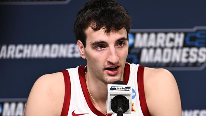 Mar 22, 2026; St. Louis, MO, USA; Iowa State Cyclones forward Milan Momcilovic (22) speaks during the postgame press conference after the game against the Kentucky Wildcats during a second round game of the men's 2026 NCAA Tournament at Enterprise Center.