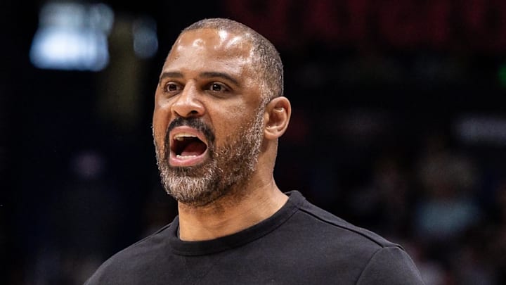 Mar 29, 2026; New Orleans, Louisiana, USA;  Houston Rockets Head Coach Ime Udoka yells against the New Orleans Pelicans during the first half at Smoothie King Center. Mandatory Credit: Stephen Lew-Imagn Images