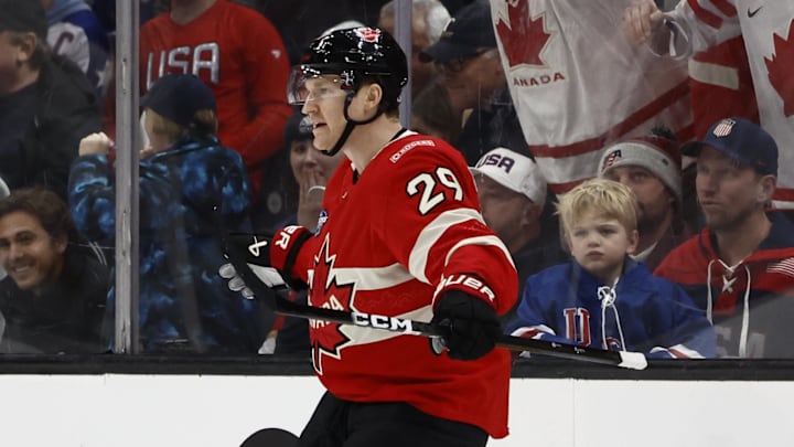 Feb 20, 2025; Boston, MA, USA; [Imagn Images direct customers only]  Team Canada forward Nathan MacKinnon (29) celebrates scoring against Team USA  during the first period during the 4 Nations Face-Off ice hockey championship game at TD Garden. Mandatory Credit: Winslow Townson-Imagn Images