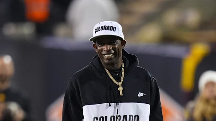 Nov 22, 2025; Boulder, Colorado, USA; Colorado Buffaloes head coach Deion Sanders before the game against the Arizona State Sun Devils at Folsom Field. Mandatory Credit: Ron Chenoy-Imagn Images