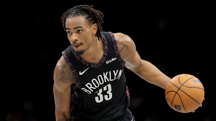Jan 9, 2026; Brooklyn, New York, USA; Brooklyn Nets center Nic Claxton (33) controls the ball against the Los Angeles Clippers during the third quarter at Barclays Center. Mandatory Credit: Brad Penner-Imagn Images