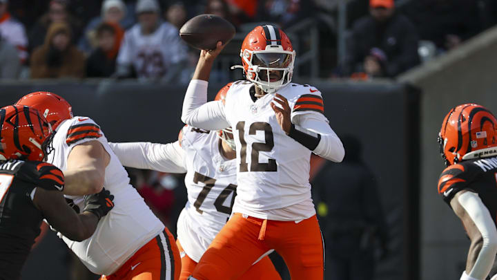 Jan 4, 2026; Cincinnati, Ohio, USA; Cleveland Browns quarterback Shedeur Sanders (12) passes against the Cincinnati Bengals during the first quarter at Paycor Stadium. Mandatory Credit: Joseph Maiorana-Imagn Images