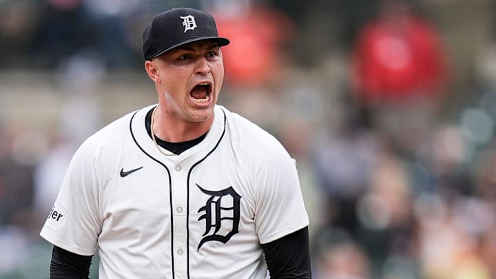 Detroit Tigers pitcher Tarik Skubal (29) celebrates after striking out Tampa Bay Rays left fielder Christopher Morel (24) during the seventh inning at Comerica Park in Detroit on Tuesday, Sept. 24, 2024.