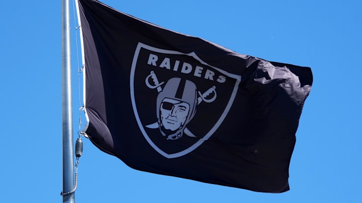 Jul 24, 2025; Henderson, NV, USA; A Las Vegas Raiders shield logo flag at the Intermountain Healthcare Performance Center. Mandatory Credit: Kirby Lee-Imagn Images