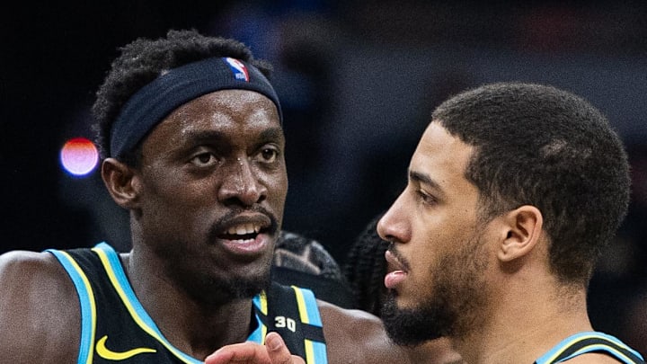 Indiana Pacers forward Pascal Siakam celebrates with guard Tyrese Haliburton.