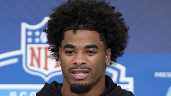 Feb 26, 2026; Indianapolis, IN, USA; LSU defensive back Mansoor Delane (DB06) speaks to media members during the NFL Combine at the Indiana Convention Center. Mandatory Credit: Jacob Musselman-Imagn Images
