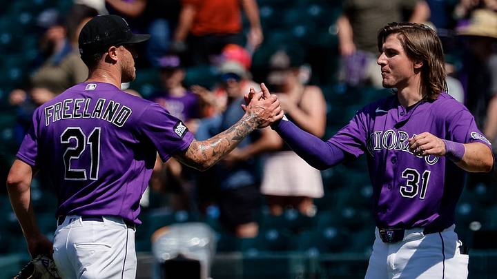 Colorado Rockies starting pitcher Kyle Freeland (21) celebrates with designated hitter Jake McCarthy (31) after the game. Credit: Isaiah J. Downing-Imagn Images Colorado Rockies starting pitcher Kyle Freeland (21) celebrates with designated hitter Jake McCarthy (31) after the game. Credit: Isaiah J. Downing-Imagn Images