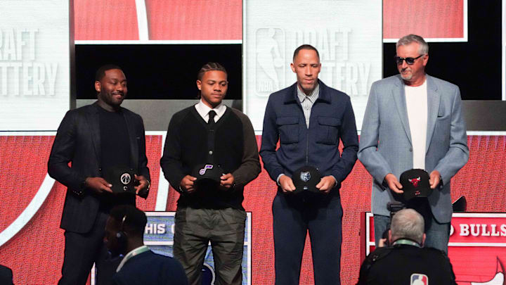 May 10, 2026; Chicago, IL, USA; Washington Wizards former player John Wall, Utah Jazz former player Keynote George, Memphis Grizzlies former player Tayshaun Prince and Chicago Bulls former player Toni Kukoc pose for a photo during the 2026 NBA Draft Lottery at Navy Pier. Mandatory Credit: David Banks-Imagn Images May 10, 2026; Chicago, IL, USA; Washington Wizards former player John Wall, Utah Jazz former player Keynote George, Memphis Grizzlies former player Tayshaun Prince and Chicago Bulls former player Toni Kukoc pose for a photo during the 2026 NBA Draft Lottery at Navy Pier. Mandatory Credit: David Banks-Imagn Images