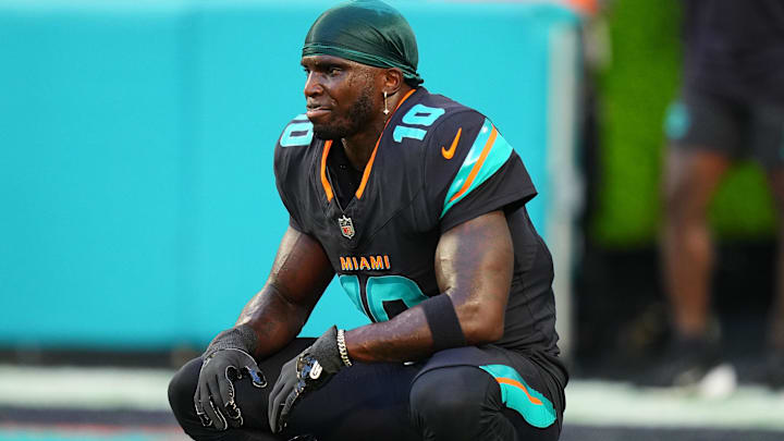 Sep 29, 2025; Miami Gardens, Florida, USA; Miami Dolphins wide receiver Tyreek Hill (10) practices before the game against the New York Jets at Hard Rock Stadium. Mandatory Credit: Rich Storry-Imagn Images