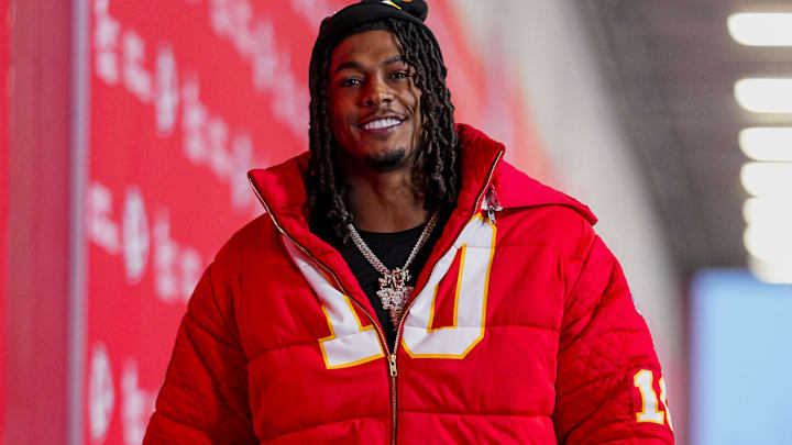 Dec 25, 2025; Kansas City, Missouri, USA; Kansas City Chiefs running back Isiah Pacheco (10) enters the stadium before the game at GEHA Field at Arrowhead Stadium.