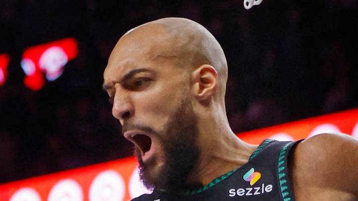 May 10, 2026; Minneapolis, Minnesota, USA; Minnesota Timberwolves center Rudy Gobert (27) dunks against the San Antonio Spurs in the fourth quarter of game four of the second round of the 2026 NBA Playoffs at Target Center. Mandatory Credit: Bruce Kluckhohn-Imagn Images