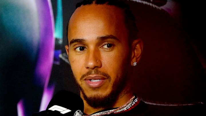 May 2, 2024; Miami Gardens, Florida, USA;  Mercedes driver Lewis Hamilton (44)  addresses the media