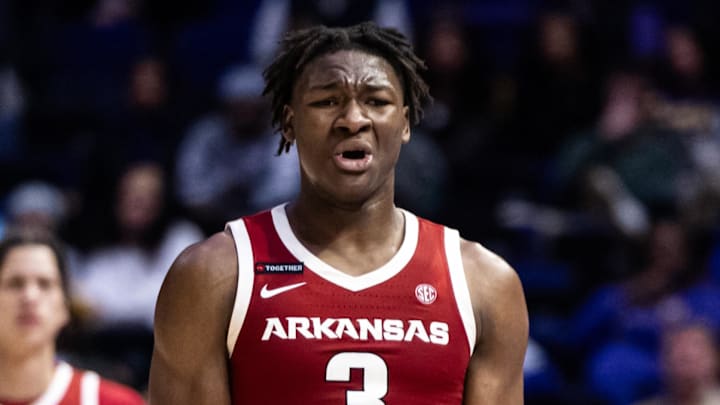The pain and frustration of the Arkansas Razorbacks' losing streak is etched in the expression of forward Adou Thiero, who reacts to a play in Tuesday's 78-74 loss against the LSU Tigers at Pete Maravich Assembly Center. The pain and frustration of the Arkansas Razorbacks' losing streak is etched in the expression of forward Adou Thiero, who reacts to a play in Tuesday's 78-74 loss against the LSU Tigers at Pete Maravich Assembly Center.