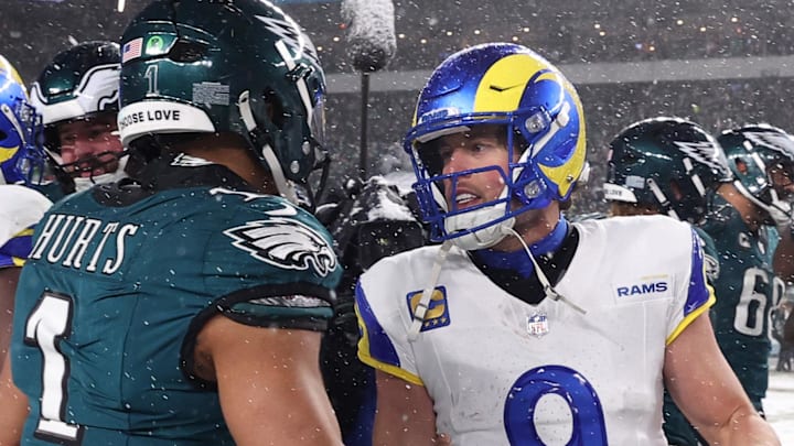 Jan 19, 2025; Philadelphia, Pennsylvania, USA; Philadelphia Eagles quarterback Jalen Hurts (1) greets Los Angeles Rams quarterback Matthew Stafford (9) after their game in a 2025 NFC divisional round game at Lincoln Financial Field. Mandatory Credit: Bill Streicher-Imagn Images