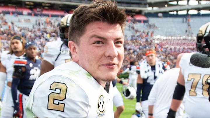Vanderbilt Commodores quarterback Diego Pavia (2) celebrates victory as Auburn Tigers take on Vanderbilt Commodores at Jordan-Hare Stadium in Auburn, Ala., on Saturday, Nov. 2, 2024. Vanderbilt Commodores defeated Auburn Tigers 17-7.