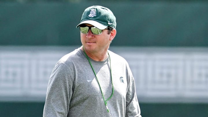 Michigan State's head coach Jonathan Smith watches over the action during the first day of football camp on Tuesday, July 30, 2024, in East Lansing.