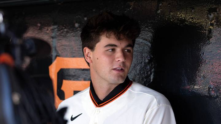 San Francisco, California, USA; San Francisco Giants first round draft pick Jackson Flora meets with the media before the Giants take on the Milwaukee Brewers at Oracle Park. Mandatory Credit: D. Ross Cameron-Imagn Images