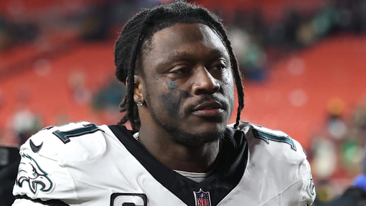 Dec 20, 2025; Landover, Maryland, USA; Philadelphia Eagles wide receiver A.J. Brown (11) leaves the field after the game against the Washington Commanders at Northwest Stadium. Mandatory Credit: Geoff Burke-Imagn Images
