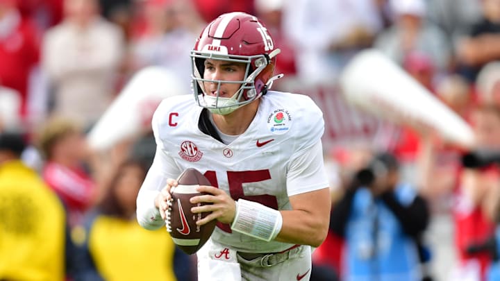 Jan 1, 2026; Pasadena, CA, USA; Alabama Crimson Tide quarterback Ty Simpson (15) looks to pass against the Indiana Hoosiers in the first half of the 2026 Rose Bowl and quarterfinal game of the College Football Playoff at Rose Bowl Stadium. Mandatory Credit: Gary A. Vasquez-Imagn Images Jan 1, 2026; Pasadena, CA, USA; Alabama Crimson Tide quarterback Ty Simpson (15) looks to pass against the Indiana Hoosiers in the first half of the 2026 Rose Bowl and quarterfinal game of the College Football Playoff at Rose Bowl Stadium. Mandatory Credit: Gary A. Vasquez-Imagn Images