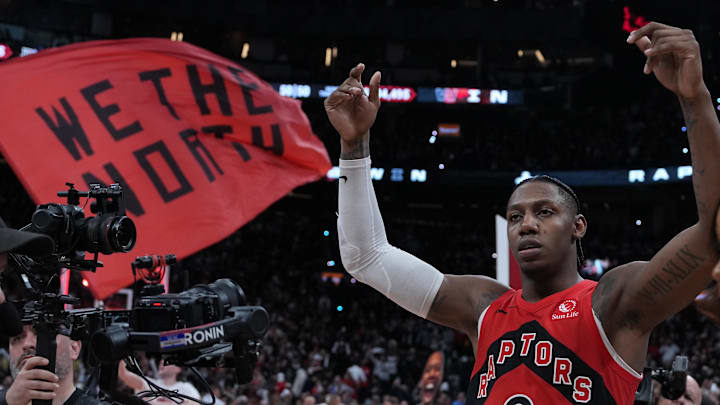 May 1, 2026; Toronto, Ontario, CAN; Toronto Raptors forward RJ Barrett (9) celebrates after scoring the winning basket against the Cleveland Cavaliers during the overtime period  in game six of the first round of the 2026 NBA Playoffs at Scotiabank Arena. Mandatory Credit: Nick Turchiaro-Imagn Images
