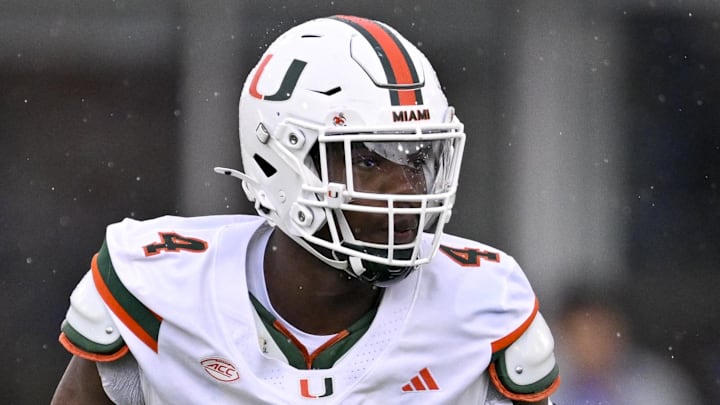 Nov 1, 2025; Dallas, Texas, USA;  Miami Hurricanes defensive lineman Rueben Bain Jr. (4) drops into coverage during the game between the Mustangs and the Hurricanes at Gerald J. Ford Stadium. Mandatory Credit: Jerome Miron-Imagn Images