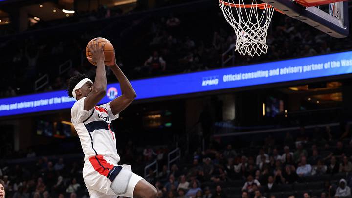 Oct 12, 2026; Washington, District of Columbia, USA; Washington Wizards forward AJ Dybantsa (4) dunks the ball as Brooklyn Nets guard Egor Demin (8) looks on in the second half at Capital One Arena. Mandatory Credit: Geoff Burke-Imagn Images Oct 12, 2026; Washington, District of Columbia, USA; Washington Wizards forward AJ Dybantsa (4) dunks the ball as Brooklyn Nets guard Egor Demin (8) looks on in the second half at Capital One Arena. Mandatory Credit: Geoff Burke-Imagn Images