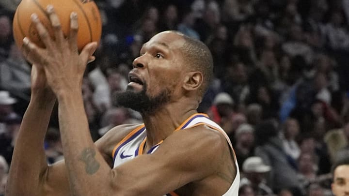 Mar 28, 2025; Minneapolis, Minnesota, USA; Phoenix Suns forward Kevin Durant (35) shoots against the Minnesota Timberwolves in the third quarter at Target Center. Mandatory Credit: Bruce Kluckhohn-Imagn Images Mar 28, 2025; Minneapolis, Minnesota, USA; Phoenix Suns forward Kevin Durant (35) shoots against the Minnesota Timberwolves in the third quarter at Target Center. Mandatory Credit: Bruce Kluckhohn-Imagn Images