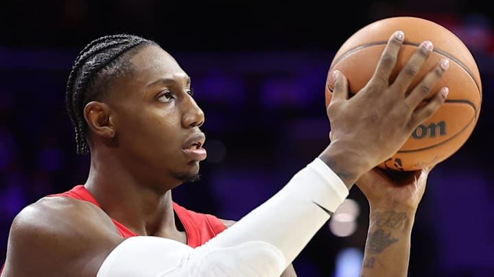 Toronto Raptors forward RJ Barrett shoots the ball against the Philadelphia 76ers
