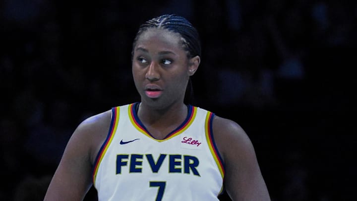Jul 16, 2025; Brooklyn, New York, USA; Indiana Fever forward Aliyah Boston (7) during a game against the New York Liberty at Barclays Center. Mandatory Credit: John Jones-Imagn Images