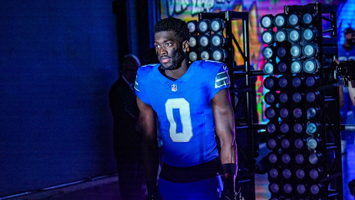 Detroit Lions cornerback Terrion Arnold (0) waits to run out of the tunnel at the start of the Thursday Night Football against the Green Bay Packers at Ford Field in Detroit on Thursday, Dec. 5, 2024.
