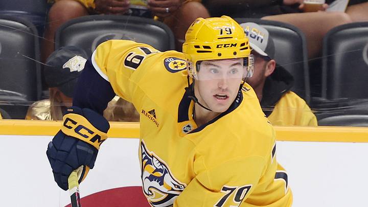 Oct 17, 2026; Nashville, Tennessee, USA; Nashville Predators center Ross Colton (79) controls the puck during the second period against the St. Louis Blues at Bridgestone Arena. Mandatory Credit: Alan Poizner-Imagn Images Oct 17, 2026; Nashville, Tennessee, USA; Nashville Predators center Ross Colton (79) controls the puck during the second period against the St. Louis Blues at Bridgestone Arena. Mandatory Credit: Alan Poizner-Imagn Images