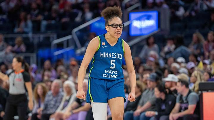 Aug 19, 2026; San Francisco, California, USA; Minnesota Lynx guard Olivia Miles (5) celebrates after the three point basket during the fourth quarter against the Golden State Valkyries at Chase Center. Mandatory Credit: Neville E. Guard-Imagn Images