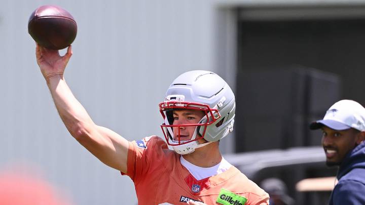 Jun 2, 2026; Foxborough, MA, USA; New England Patriots quarterback Drake Maye (10) throws a pass during the team's OTA at Gillette Stadium. Mandatory Credit: Eric Canha-Imagn Images