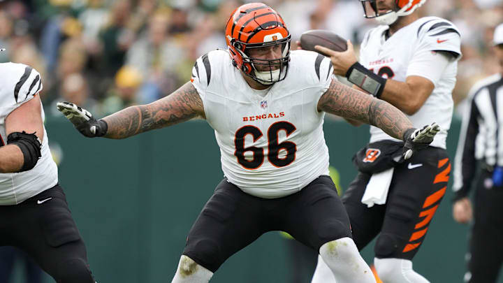 Oct 12, 2025; Green Bay, Wisconsin, USA; Cincinnati Bengals guard Dalton Risner (66) during the game against the Green Bay Packers at Lambeau Field. Mandatory Credit: Jeff Hanisch-Imagn Images Oct 12, 2025; Green Bay, Wisconsin, USA; Cincinnati Bengals guard Dalton Risner (66) during the game against the Green Bay Packers at Lambeau Field. Mandatory Credit: Jeff Hanisch-Imagn Images