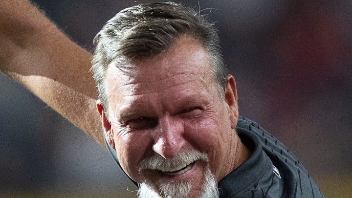 Randy Johnson pumps a fist after his home run was played on the video board at the Arizona Diamondbacks Hall of Fame on July 27, 2024 at Chase Field in Phoenix.