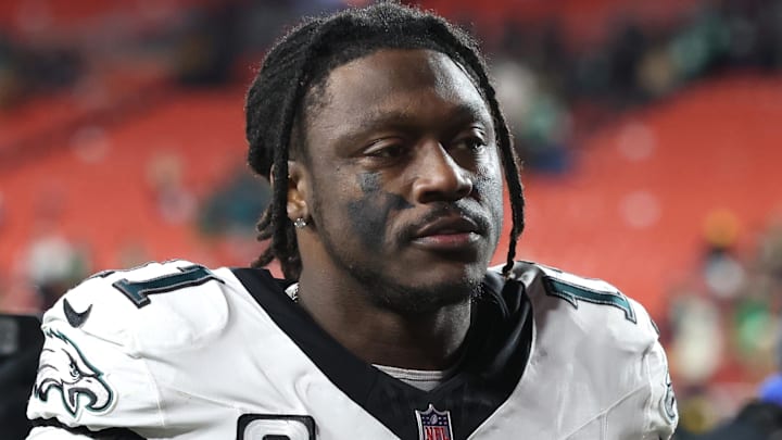 Dec 20, 2025; Landover, Maryland, USA; Philadelphia Eagles wide receiver A.J. Brown (11) leaves the field after the game against the Washington Commanders at Northwest Stadium. Mandatory Credit: Geoff Burke-Imagn Images