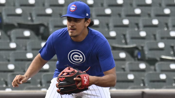 Apr 23, 2025; Chicago, Illinois, USA;  Chicago Cubs brought up Nicky Lopez who is seen here before the game against the Los Angeles Dodgers at Wrigley Field. Mandatory Credit: Matt Marton-Imagn Images