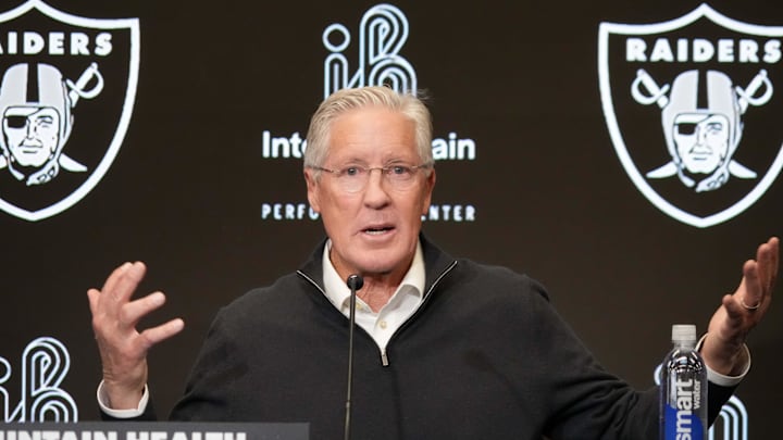 Jan 27, 2025; Las Vegas, NV, USA; Las Vegas Raiders coach Pete Carroll at press conference at Intermountain Health Performance Center. Mandatory Credit: Kirby Lee-Imagn Images