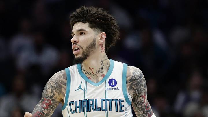 Mar 28, 2026; Charlotte, North Carolina, USA; Charlotte Hornets guard LaMelo Ball (1) dribbles the ball up the court during the fourth quarter against the Philadelphia 76ers at Spectrum Center. Mandatory Credit: Brian Westerholt-Imagn Images