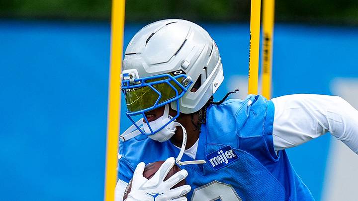Detroit Lions running back Jahmyr Gibbs (0) practices during mini camp at Meijer Performance Center in Allen Park on Tuesday, June 16, 2026.