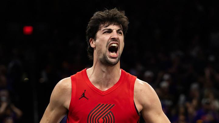 Apr 14, 2026; Phoenix, Arizona, USA; Portland Trail Blazers forward Deni Avdija (8) celebrates against the Phoenix Suns in the second half during the play-in rounds of the 2026 NBA Playoffs at Mortgage Matchup Center. Mandatory Credit: Mark J. Rebilas-Imagn Images