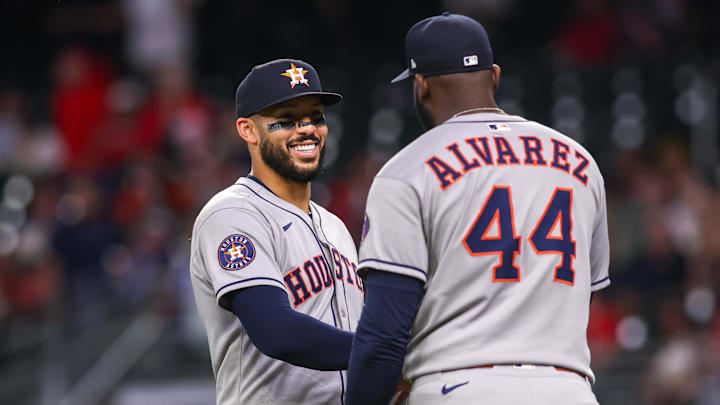 Sep 12, 2025; Atlanta, Georgia, USA; Houston Astros third baseman Carlos Correa (1) and designated hitter Yordan Alvarez (44) celebrate after a victory over the Atlanta Braves at Truist Park. Mandatory Credit: Brett Davis-Imagn Images Sep 12, 2025; Atlanta, Georgia, USA; Houston Astros third baseman Carlos Correa (1) and designated hitter Yordan Alvarez (44) celebrate after a victory over the Atlanta Braves at Truist Park. Mandatory Credit: Brett Davis-Imagn Images