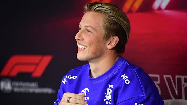 Nov 20, 2024; Las Vegas, Nevada, USA; Visa Cash App RB driver Liam Lawson (30) during media availabilities at Las Vegas Circuit. Mandatory Credit: Gary A. Vasquez-Imagn Images
