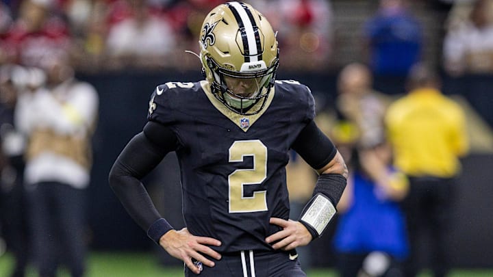 Sep 14, 2025; New Orleans, Louisiana, USA; New Orleans Saints quarterback Spencer Rattler (2) reacts to missing a pass on 3rd down against the San Francisco 49ers during the second half at Caesars Superdome. Mandatory Credit: Stephen Lew-Imagn Images