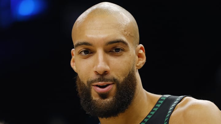 Jan 6, 2026; Minneapolis, Minnesota, USA; Minnesota Timberwolves center Rudy Gobert (27) talks with a reporter after the game with the Miami Heat at Target Center. Mandatory Credit: Bruce Kluckhohn-Imagn Images