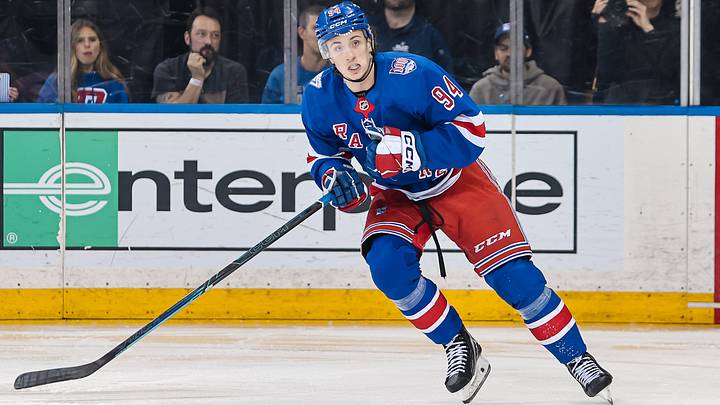 Apr 5, 2026; New York, New York, USA; New York Rangers right wing Gabe Perreault (94) skates against the Washington Capitals during the first period at Madison Square Garden. Apr 5, 2026; New York, New York, USA; New York Rangers right wing Gabe Perreault (94) skates against the Washington Capitals during the first period at Madison Square Garden.