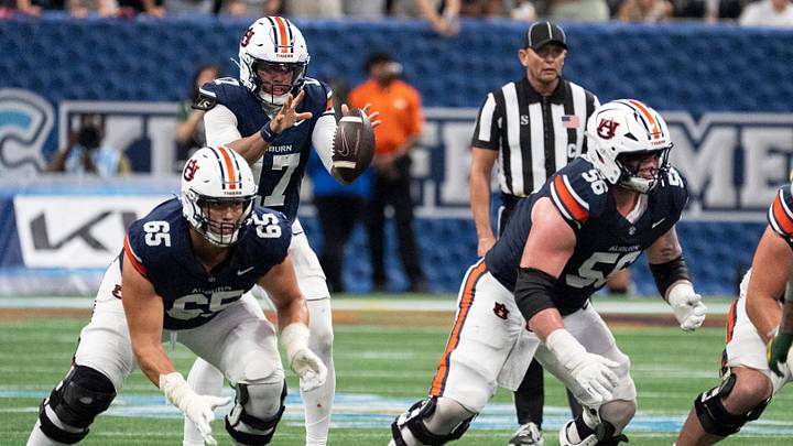 Auburn Tigers quarterback Byrum Brown (17) snaps the ball as Auburn Tigers take on Baylor Bears in the Aflac Kickoff Game at Mercedes-Benz Stadium in Atlanta, Ga. on Saturday, Sept. 5, 2026. Auburn Tigers defeated Baylor Bears 17-16. Auburn Tigers quarterback Byrum Brown (17) snaps the ball as Auburn Tigers take on Baylor Bears in the Aflac Kickoff Game at Mercedes-Benz Stadium in Atlanta, Ga. on Saturday, Sept. 5, 2026. Auburn Tigers defeated Baylor Bears 17-16.