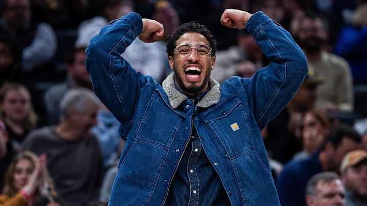 Indiana Pacers guard Tyrese Haliburton (0) reacts to a dunk in the second half against the Toronto Raptors at Gainbridge Fieldhouse.